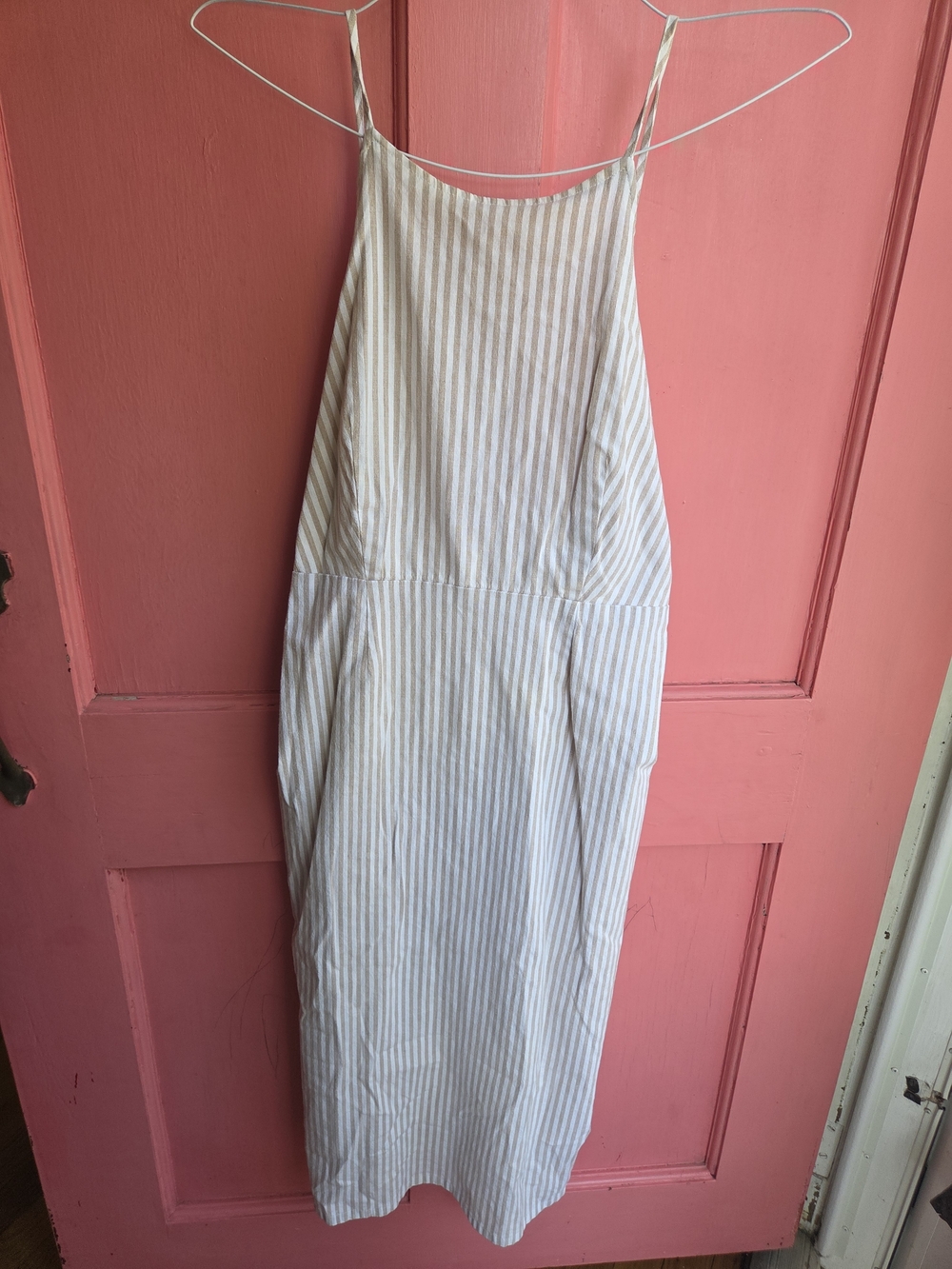 Women's Striped Linen Blend Midi Dress in Beige & White